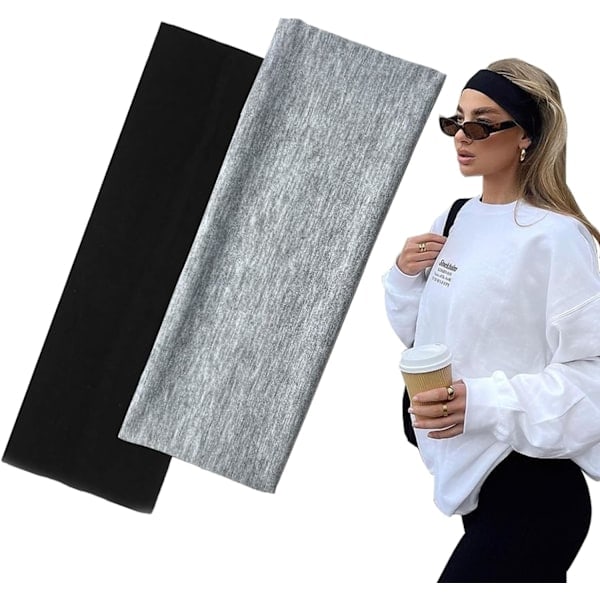 7 cm breda svarta pannband för kvinnor och män, 2-pack fashion pannband för kvinnors hår, mjuka för smink, yoga, löpning, sport black+grey