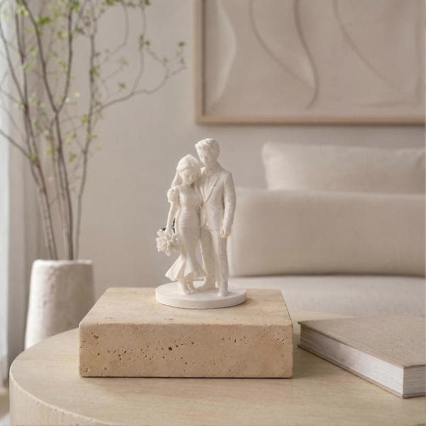 3D-printad brudpar bröllopstårta topper, elegant parskulptur för heminredning, romantisk vit