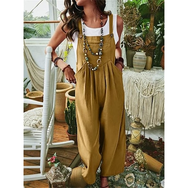 Linnedbukser til kvinder UK Wide Leg Jumpsuit med lomme Loose Fit Playsuits Sommer Boho Romper Ærmeløs Stroptop Overalls Yellow