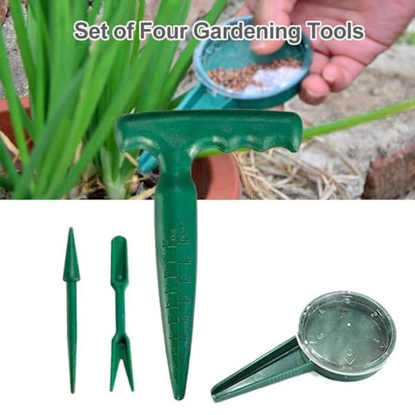 4 stk. hageredskaper, planteverktøy, plast, hageredskap, frødispenser, planteutstyr, såmaskin, perforator for frøplanter