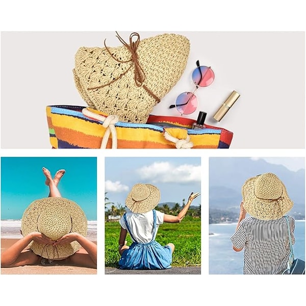 Stråhat til kvinder, solhat, sammenfoldelig strandhat med bred skygge, sommerhatte til kvinder