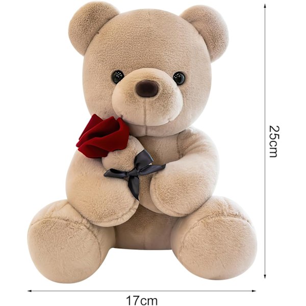 Sød og krammelig bamse, 25 cm med rose. Blød pelsbamse. Udstoppede bamse. Lavet af