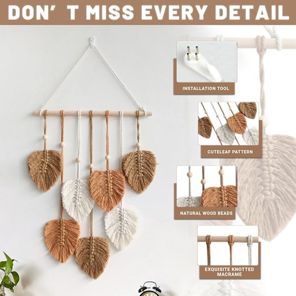 15,7 x 31,4 tum Macrame Väggbonad, Boho Väggdekor Löv Vävd Tapet Väggbonad, Macrame Löv Hängande Unik Boho Macrame Tapet Fjädrar
