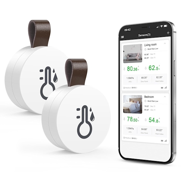 2 st Trådlös Termometer Hygrometer, Mini Bluetooth 5.0 Fuktighetssensor med Dataexport & Varningar för iOS Android