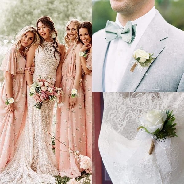 Boutonniere, 2 Sæt Hvid Rose Boutonniere og Roser Håndleds Corsage Håndlavet Corsage Knaphulsblomster Boutonniere Sæt Rhinestone Bånd