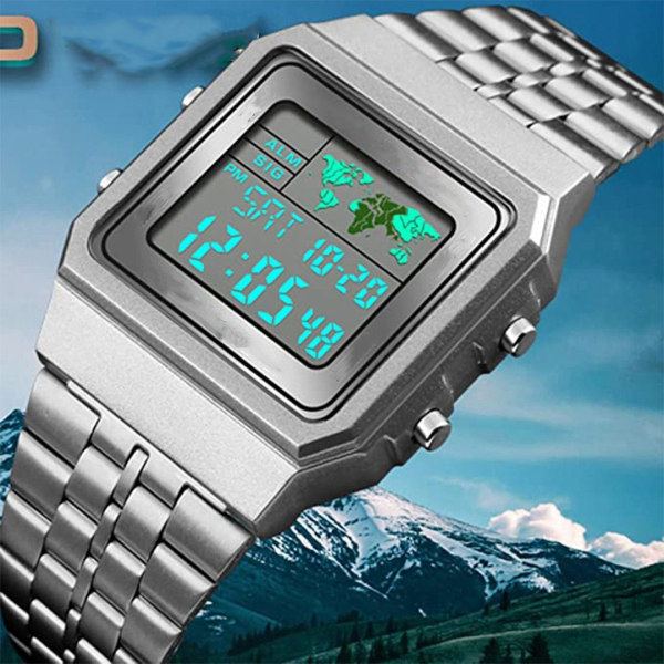 Digital klocka för män Stoppur Band Alarm Världstid Datum Vecka Metall Armband Utomhus Business Klocka
