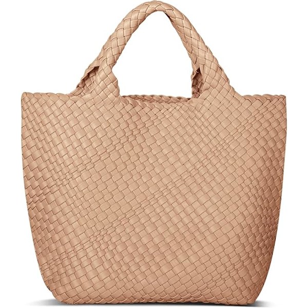 Vegansk Læder Vævet Tote Taske til Kvinder, Mode Håndlavet Strandtaske med Top Håndtag Albaricoque