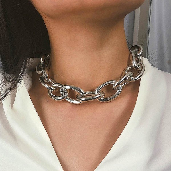 Kraftig Choker Halskæde Cubansk Led Kæde Halskæde Tyk Halskæde Kæde Punk Smykker Justerbar til Kvinder og Piger Silver