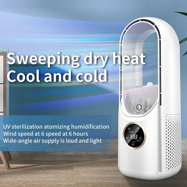 Bladeless ventilator, 6 hastigheder, timer, LED-skærm, køling og befugtning, spray, hjemmeventilator