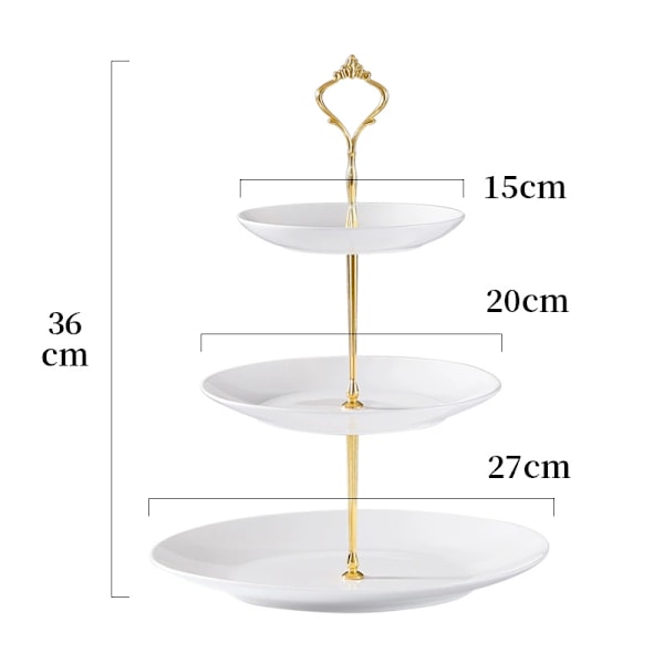 Vit Porslin 3-vånings Keramisk Kakfat Afternoon Tea Porslin Rund Display med Nya Beslag Gold