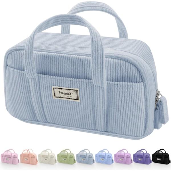Stor pennfodral, extra stort pennfodral med 5 fack, pennfodral med bred öppning, mjuk manchester pennfodral arrangör med dragkedja-Beige blue