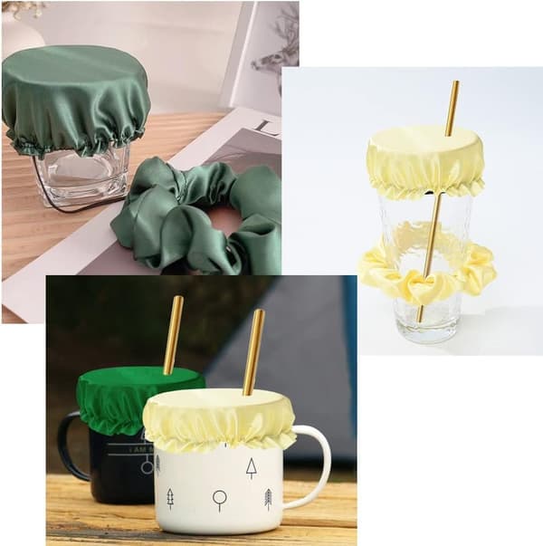 (Sæt med 2) (grøn + gul) med drikkedæksel, Drikkedæksel Scrunchie