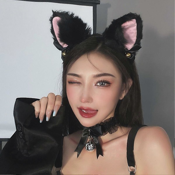 4 stk./sett Kattekostyme Cosplay Tilbehørssett Plysjmateriale Katteøre Hodebånd Bjelle Halskjede Klohansker Hale Sett Black One size