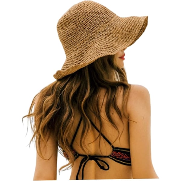 Strandhatt för damer, sommarstråhatt för damer, hopfällbar stråhatt med bred brätte, khaki sommarhatt