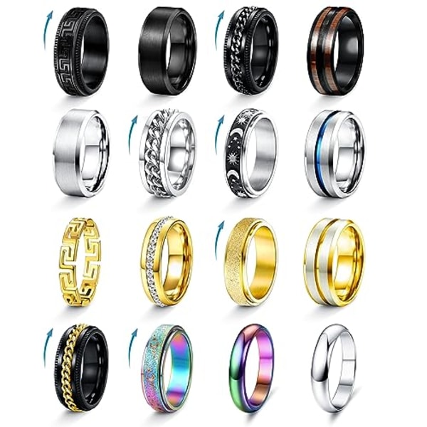 16st rostfritt stål Fidget-ringar för män Kvinnor Silver Guld Svart Herrringar Coola manliga bandringar Kedjespinnringar Mode ångestringar 20.7mm