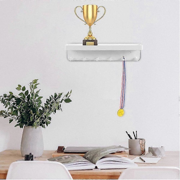 Medaljhängare och troféhylla med krokar, väggmonterad medaljhållare i rostfritt stål för band, troféhyllor för gymnastik, fotboll, White