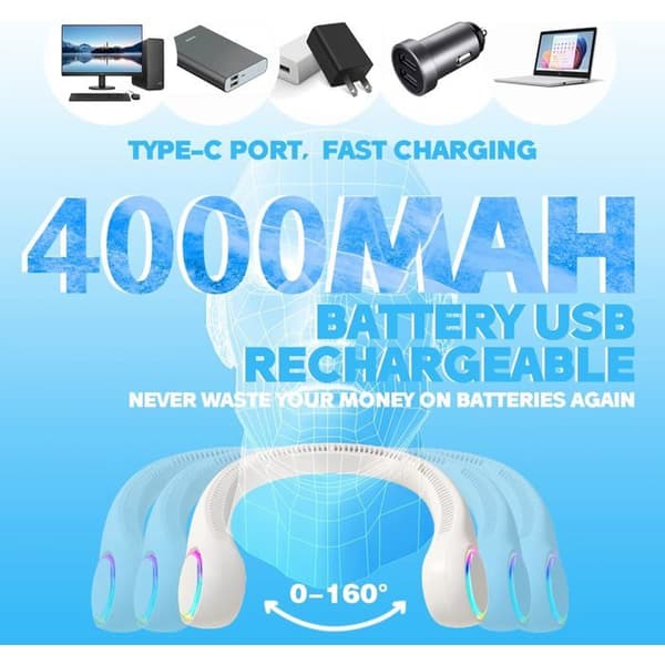 Bærbar ventilator, USB-ventilator, kraftig lydløs ventilator, 4000 mAh batteri 3 hastigheder