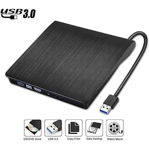 Ekstern DVD-drev, USB 3.0 Ekstern CD DVD-brænder, Ultra Slim Bærbar CD DVD-drev +/- R ROM RW Optager til Desktop,