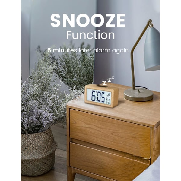 Digital Väckarklocka, Trä Sängklocka med Stor LCD Bakgrundsbelyst Display, Temperatur, Snooze-funktion, Ljussensor 【Batteri INGÅR EJ】