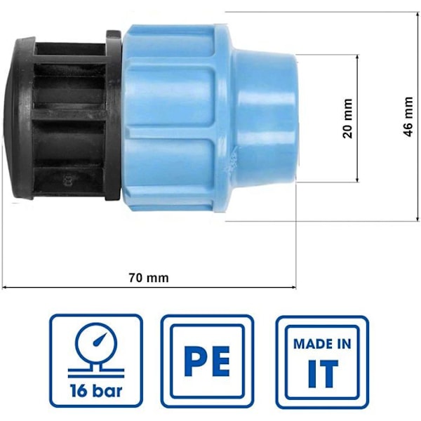 VVS-fittings til vandrør, 20 mm prop, 16 bar, maks. temperatur 45 °C, kompressionsfittings