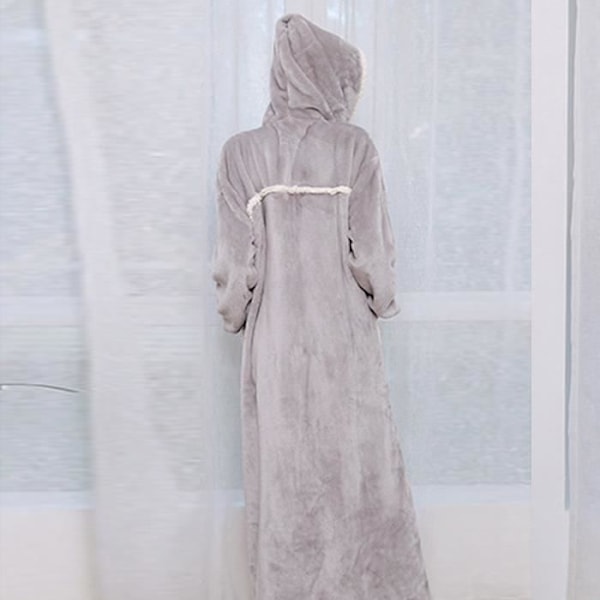 Morgenkåpe for kvinner - Grå - Hette Splice Tykk Korallfleece XL