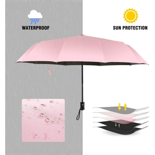 Rejseparaply Regn Kompakt Foldbart UV Solbeskyttelsesparaply Automatisk Åben Luk Dameparaplyer Pink