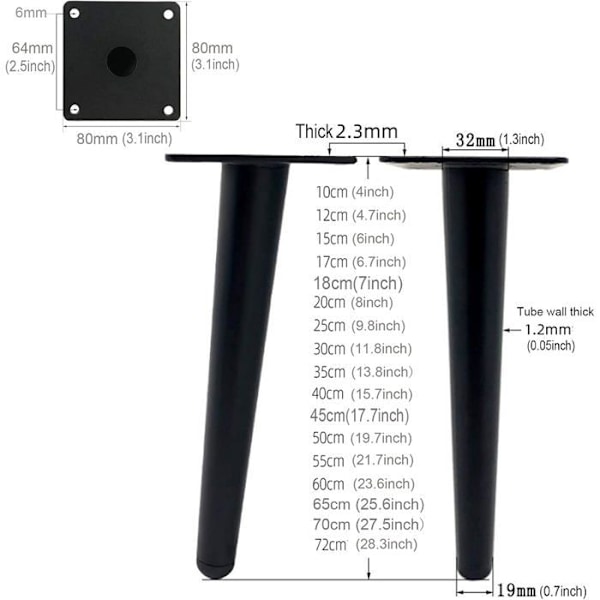 Sett med 4 metallbordben for møbler, 30 cm lengde, erstatningsben for møbler, 800 kg kapasitet