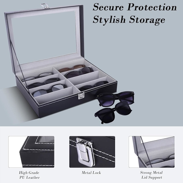 Läder 8-delars Förvaring för Glasögon och Solglasögon Displayfodral Organizer, Svart