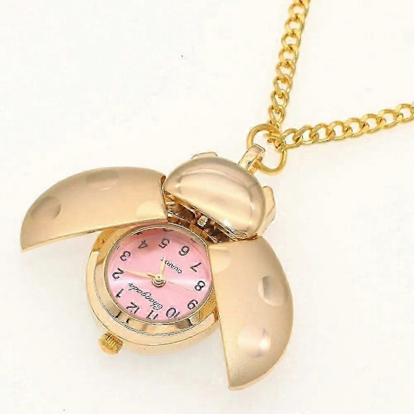 Uudet leppäkerttukellot Kuoriainen Kello naiset miehet lapset taskukello opiskelijat kvartsikello avaimenperät taskukello kaulakoru kellot kulta Pink with chain