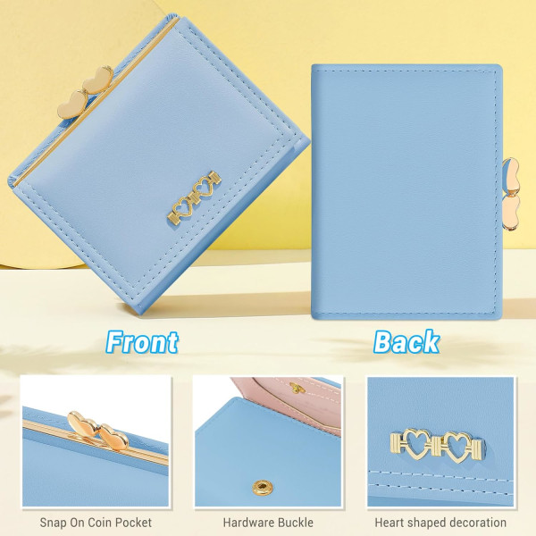 Plånbok för kvinnor, söt plånbok för kvinnor, liten trifold RFID-spärrplånbok, söt liten läderplånbok för kvinnor, flickor, damer Blue