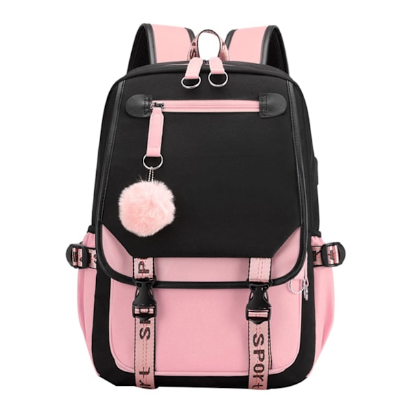 Teinityttöjen lukio-opiskelijan reppu, ulkoilureppu USB-latausportilla, 4# Pinkki Musta, 21 litraa rosa y negro