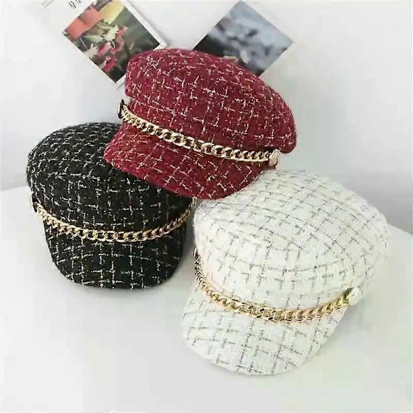 Vår och Höst Basker Barn Xiaoxiang Vind Hatt Koreansk Version Trendig Stil Åttakantig Hatt Kedja Retro Hatt white 56-58cm