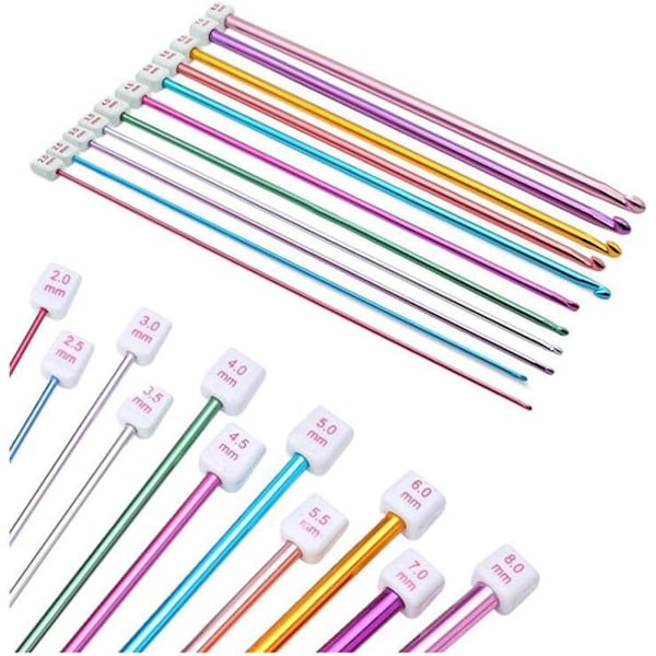 11 st Tunisisk Virknål Set Aluminium Flerfärgad Afghan Sticknålar Set 2 mm till 8 mm för Tröjstickningsverktyg