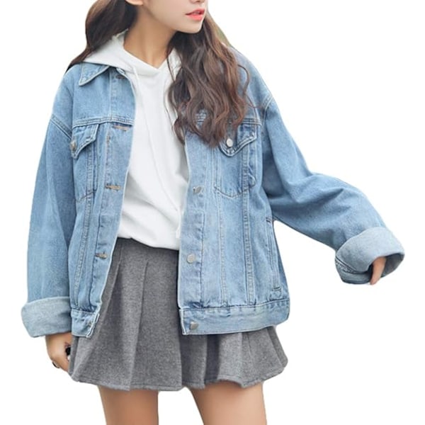 Oversized denimjakke for kvinner jenter langermet boyfriend jeansjakker løs jakke