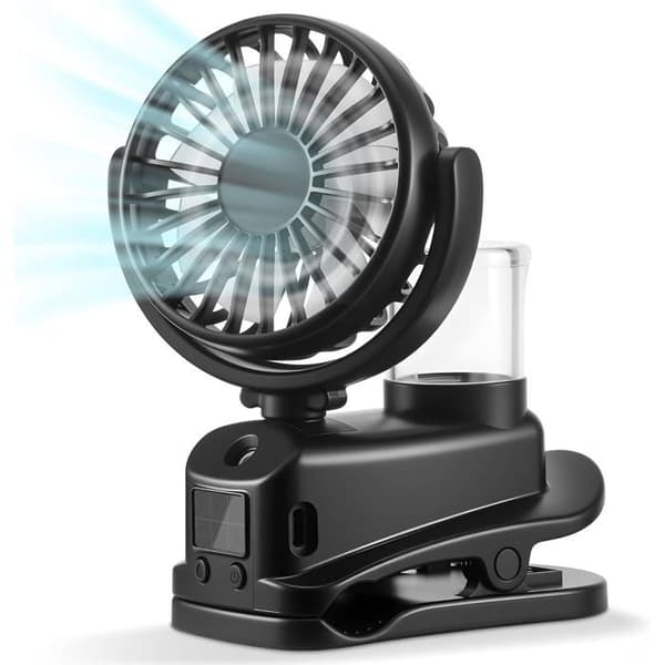 Clip-on tågeventilator med LED-display, genopladelig bærbar miniventilator, 4 hastigheder (sort)