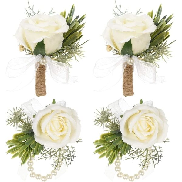 Boutonniere, 2 kpl Valkoinen Ruusu Boutonniere ja Ruusut Rannekorsetti Käsintehty Korsetti Napinläpikukka Boutonniere Setti Strassikivinauha
