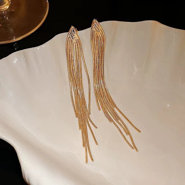 Retro 925 Sterling Silver Örhängen Kedja Tofs Lång Hängande Stiftörhängen Vitguldpläterade Bröllop Gold