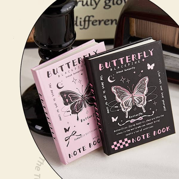 Sommerfugle Tema A7 Lomme Notesbog – Pink & Sort Marmor Hardcover, Linjeret Journal til Rejser, Studie & Gave Sort 3-pak