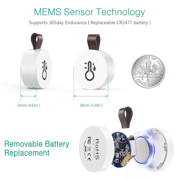 2 st Trådlös Termometer Hygrometer, Mini Bluetooth 5.0 Fuktighetssensor med Dataexport & Varningar för iOS Android