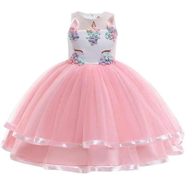 Barn Enhörningsdräkt Klänning, Flicka Enhörningskjol, Blommor Flicka Ärmlös Festkläder, Födelsedagskläder Festkläder Pink 150cm