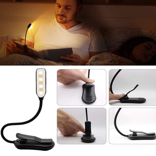 1 stk leselampe, 7 LED skrivebordslampe med klemme og 3 fargetemperaturer