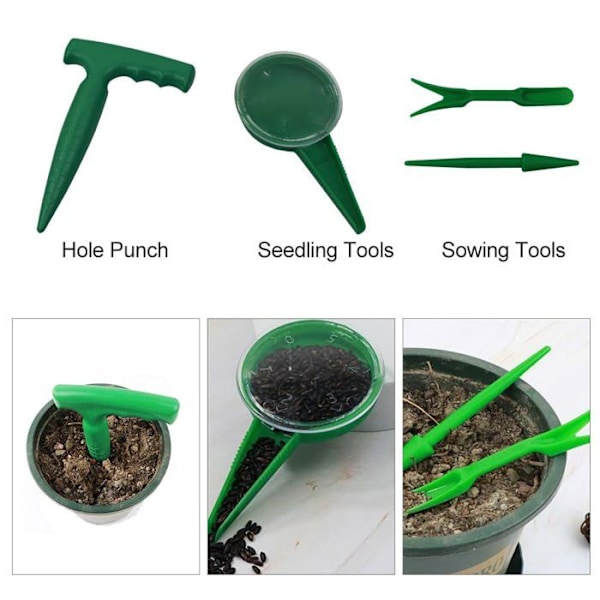 4 stk. hageredskaper, planteverktøy, plast, hageredskap, frødispenser, planteutstyr, såmaskin, perforator for frøplanter
