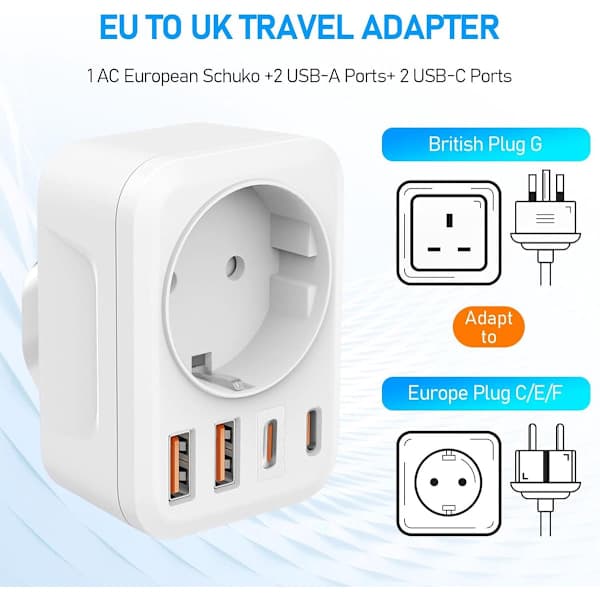 Rejseadapter med 2USB og 2USB C (3.4A), 5-i-1 stik til England, Irland, Qatar, Malaysia, Dubai, Type G