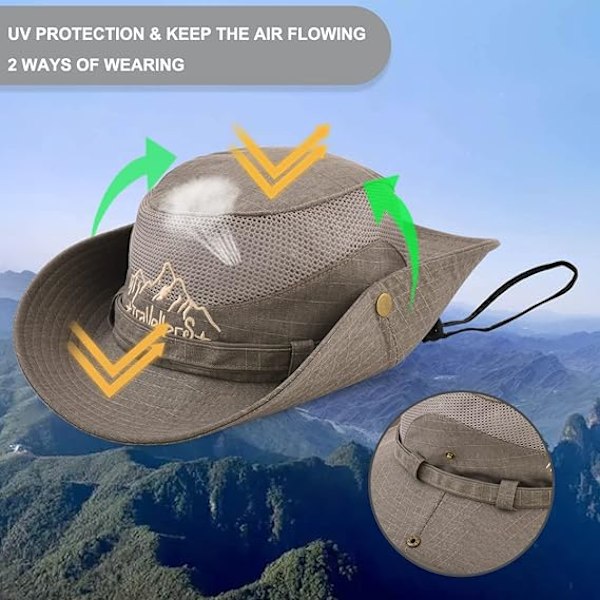 Solhatt i bomull UV-skydd Sommarhattar Strandhatt Safari Boonie Hatt Hopfällbar Fiskehatt med Andningsbart Mesh och Justerbar Hakrem Khaki