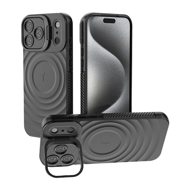 iPhone 17 Pro Max-deksel med stativ, bølgeformet tekstur, fallsikkert, svart