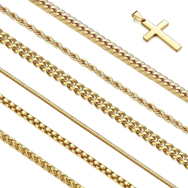 7 st Herr rostfritt stål 18K guldpläterad kedja halsband Set för män pojkar, 6 kedjor och 1 korshänge Silver 60cm