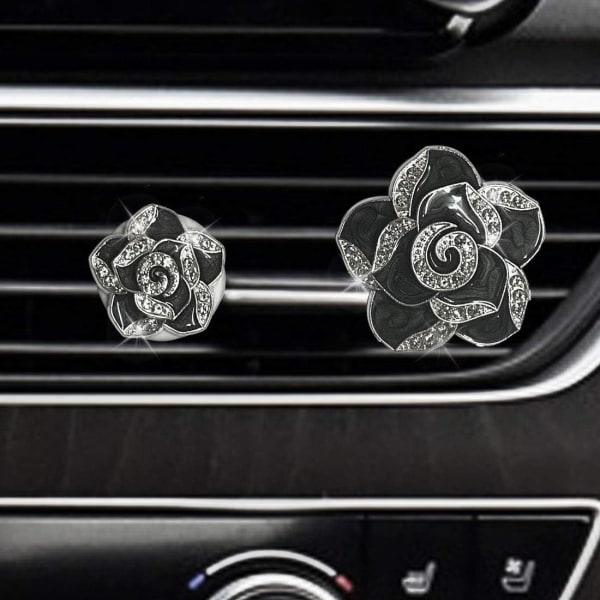 Bling-dekoration för bil, Bling-bildekoration, Rhinestone Diamond Air Vent Dekoration - Svarta blommor (1 par)