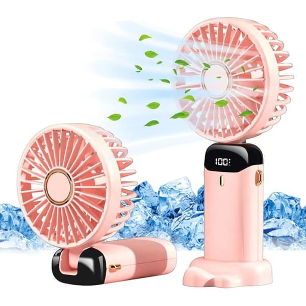 Bærbar ventilator, USB genopladelig, 5 hastigheder, foldbar, med LED-skærm (pink)