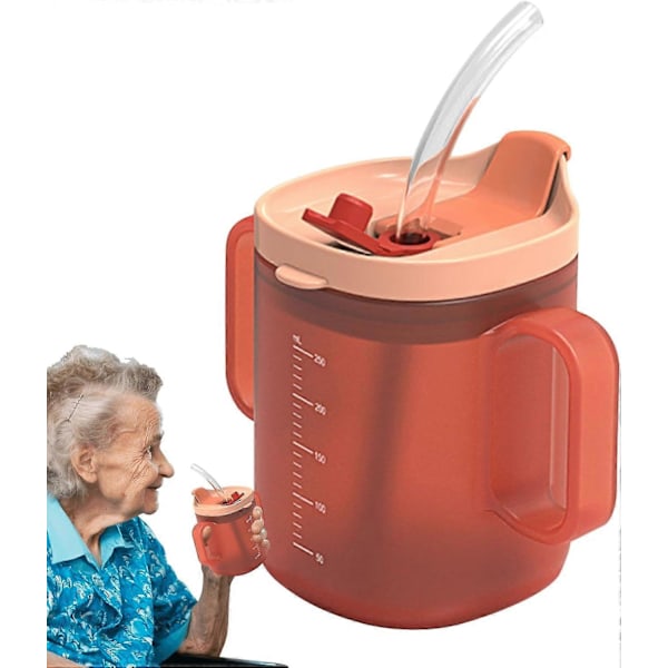 Sippkopp för vuxna för äldre, konvalescentmatningskopp drickskopp med sugrör för funktionshindrade patienter mammakoppar utan spill med handtag och lock Orange 300ml