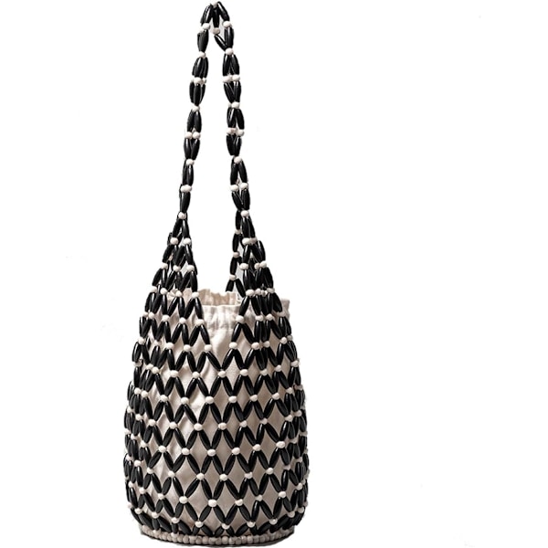 Retro Træ Skuldertaske Kvinder Vævet Perlebesat Håndtaske Udhulet Tote Taske Casual Strand Bucket Taske Black
